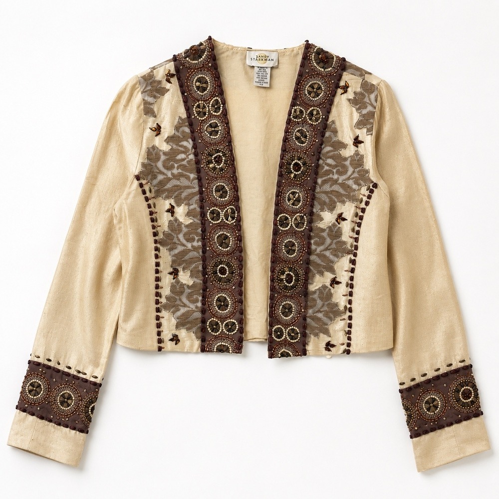 Sandy Starkman Boho Beaded Silk Cropped Jacket Womens S Tan Embellished Western
